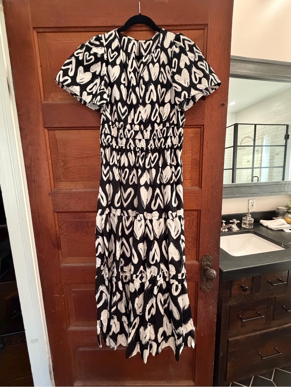 Anthropologie Black and White Heart-Print Maxi Dress